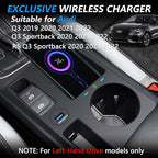 Wireless Car Charger for Audi Q3 2019-2022/Q3 Sportback 2020-2022/RS Q3 Sportback 2020-2022, 15W Qi Fast Charging Phone Charger Pad with QC3.0 USB Port for iPhone 12/13/13Pro Galaxy S22/S21