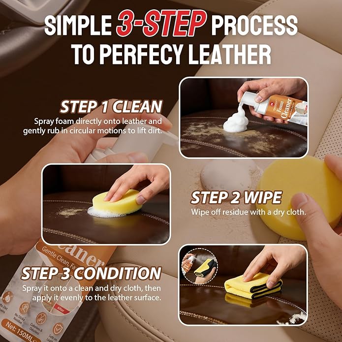 Foam Cleaner and Leather Conditioner Kit Long-Lasting Protection for Leather Car Interior, Furniture, Sofa