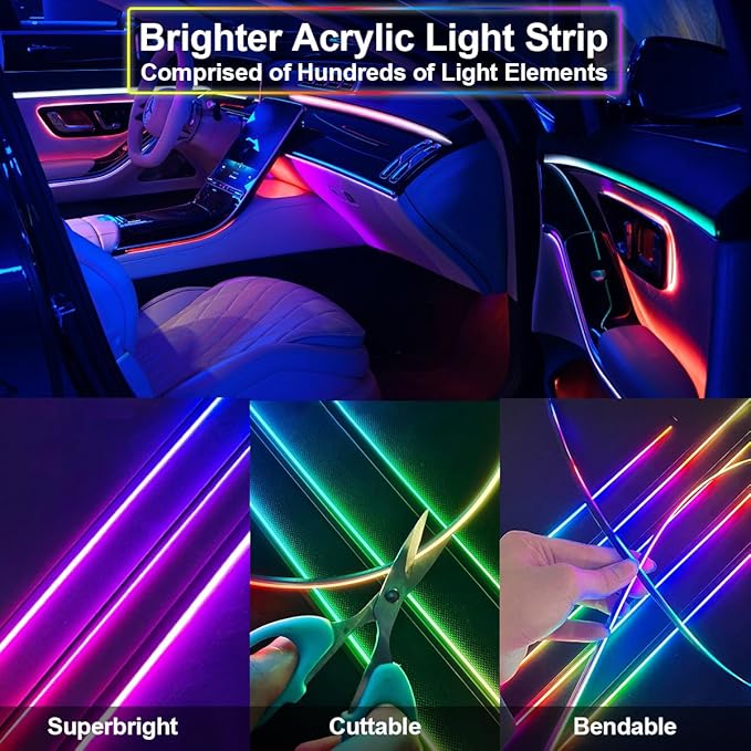 Dreamcolor Acrylic Interior Car Light with Wireless APP, RGB 10 in 1 Car Ambient Lighting Kits with 175 inches 600 LEDs, 16 Million Colors Sound Activated Car Neon Lights