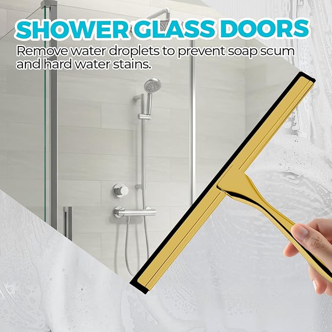 ALFLOD 2PACK 12-Inch Golden All-Purpose Shower Squeegee for Shower Doors, Bath Linen Sets, Tile Shower Walls, Bathroom, Window, Glass and Car Windshield, Mirrors and Kitchen-Stainless Steel