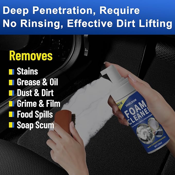 SHIELDOM Car Interior Cleaner Kit Multifunctional Foam Cleaner, Clean Cars Seat Carpet Upholstery with Detailing Brush & Towel Deep Inside Cleaning Remove Stain from Leather/Fabric/Vinyl/Plastic - 5oz