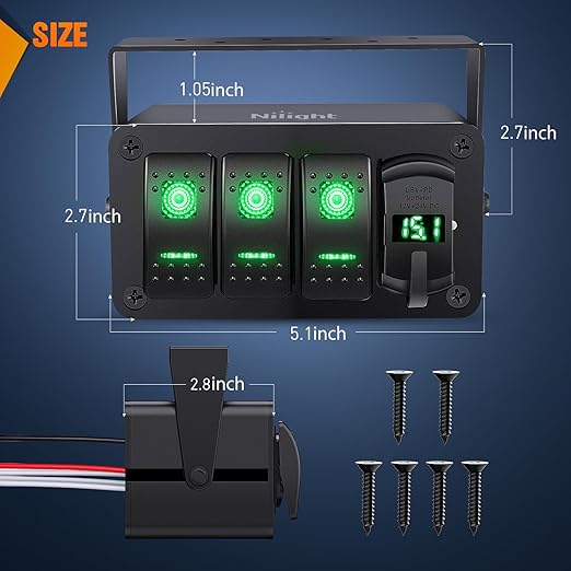Nilight 3 Gang Rocker Switch Box 12V SPST ON Off Toggle Switches PD Type C and QC USB Charger Voltmeter LED Light Waterproof Aluminum Mount Bracket Panel DIY Stickers for Boat Car RV Truck