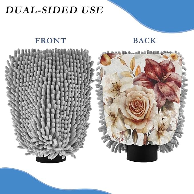 YETTASBIN Watercolor Floral 2PCS Car Wash Mitts, Ultra Absorbent Chenille Microfiber Car Washing Gloves, Scratch-Free Lint-Free Auto Cleaning Mitt, Machine Washable Elastic Cuff Car Wash Sponge