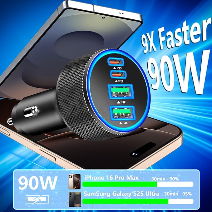 Car Charger USB C, Rombica 4-Port 90W USB-C&USB-A Car Power Cigarette Lighter Adapter Dual 45W PD/QC Multiport Type C Fast Charger for iPhone 17 17 Pro Max 16 15 14 13 12 11/Galaxy S26 S25/Pixel/iPad
