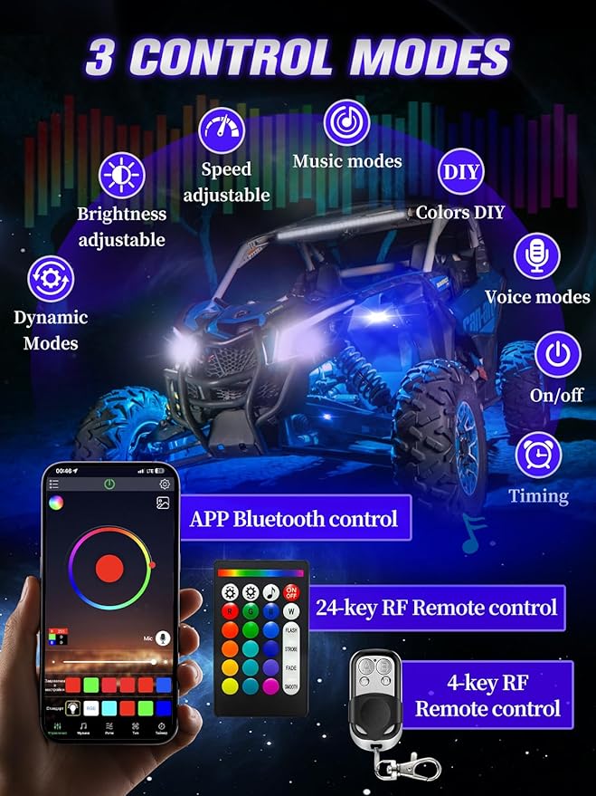 4 Pods 5-Sides Full Angle RGB LED Rock Lights High Brightness 36 Beads RGB 5050 IP68 Waterproof Underglow Multicolor Zone Neon Exterior Rock Lights for 12V Trucks Jeep UTV ATV RZR Offroad Pickup SUV