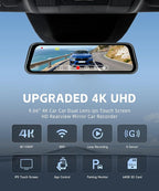 4K Mirror Dash Cam 9.66 Inch IPS Touchscreen Front and Rear View Dual Cameras, Night Vision, WiFi APP Control, G Sensor, Parking Assistance, Included 64GB Card & GPS
