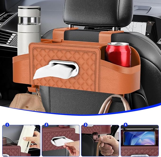 Mandark Car Headrest Backseat Organizer, Multifunctional Vehicle Seat Back Storage Box with Drink Cup Holder and Hooks, Automotive Travel Accessories, Universal for SUV, Sedan, Truck (Orange)