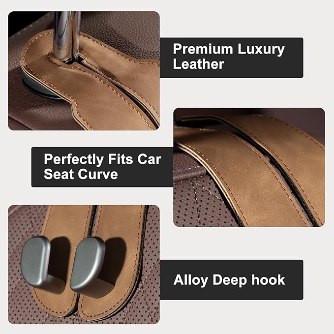 CoBak Purse Hook for Car - Universal Premium Stitched Leather and Aluminum-Magnesium Alloy Double Car Seat Back Storage Hook for Purses, Handbags, Bags (2 Pack),Brown