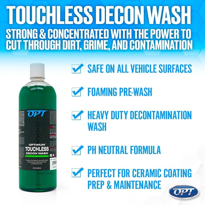 Optimum Touchless Decon Car Wash Soap – pH Neutral, Heavy Duty Decontamination, Touch Free, Spray on and Rinse Off Car Wash and Ceramic Coating Maintenance Multi-Use Formula (32 Oz)