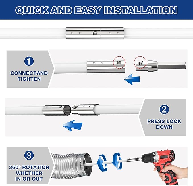 PetOde 35 Feet Dryer Vent Cleaner Kit, Lint Remover, Upgraded Flexible Quick-Snap Brush with Drill Attachment, Extends Up to 35 FEET for Easy Cleaning, Cleaning Tools Use with/Without a Power Drill