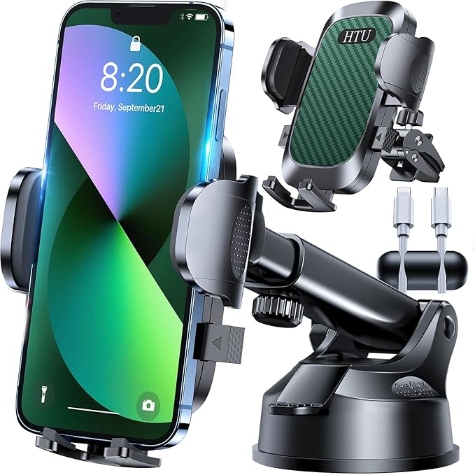 HTU 2026 Upgraded [True Military-Grade] Car Phone Holder【Safety Certs & No Smell】 Cell Phone Holder for Car Mount for Dashboard Windshield Air Vent Long Arm Thick Case,Green