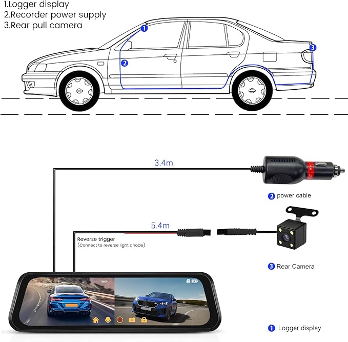 9.66 Inch IPS Mirror Dash Cam 1080P Front 480P Rear Dual Lens Touch Screen Dash Cam Front and Rear 150° Wide Angle Night Vision Loop Recording Reverse Assistance Motion Detection