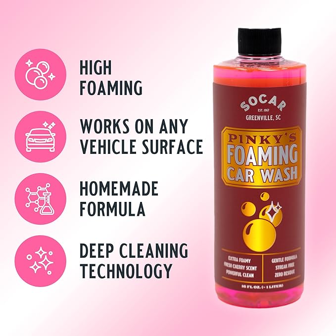 SOCAR Pinky’s Foaming Car Wash Soap. Detailers Choice, pH Balanced, Gentle, Safe On All Paint, Wax & Sealants. Cars, Trucks, RV’s, Boats. 16 fl oz. Use in Foam Cannon & Bucket Wash