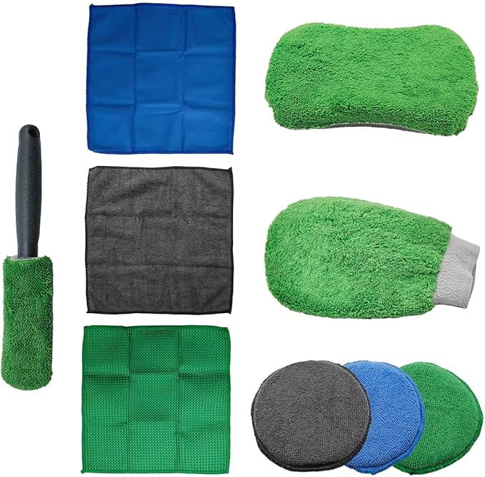 Craedli 9PCS Car Wash Detailing Tool Kit, Car Wash Mitt, Microfiber Cloths, Cleaning Sponge, Wheel Brush, Wax Applicator Pad, Universal Auto Interior & Exterior Cleaning Supplies (Green)