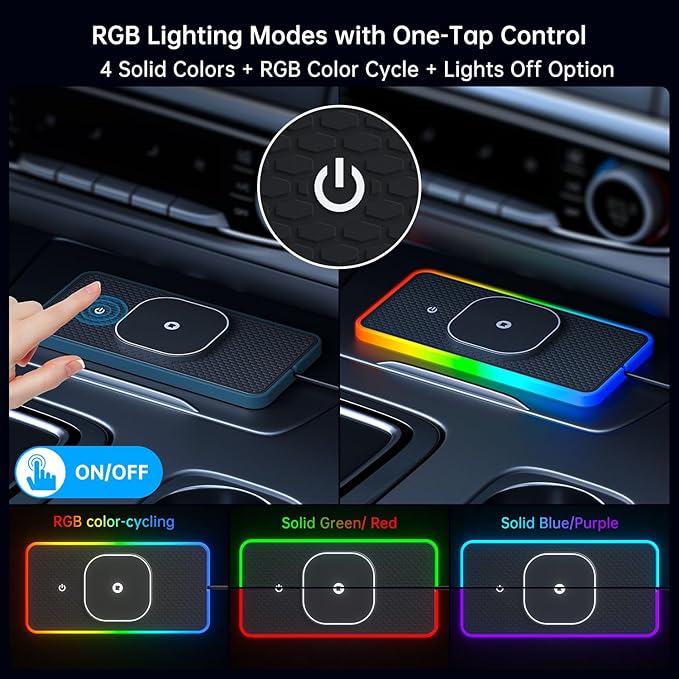RGB Wireless Car Charging Pad for Magsafe, REESTECQI 15W LED Magnetic Wireless Charger for Car Non Slip Type C Charging Mat with 40W Car Charger Compatible with iPhone 17-12, Airpods (1 Meter Cable)