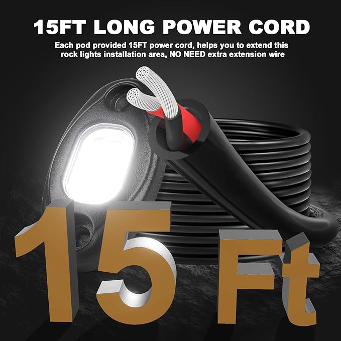 Rock Lights for Trucks-24Chip High Power 6000k Pure White, 15FT Cable Each Light, Aluminum Case, Waterproof IP68 Underglow Lights for Cars Jeep UTV ATV(16 PCS)