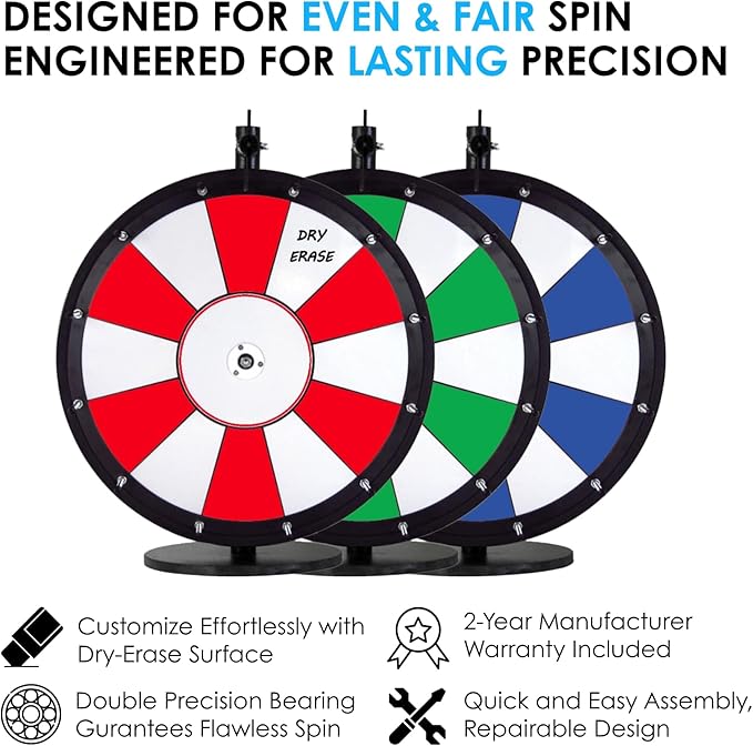 Dual and Triple Color Tabletop Dry Erase Prize Wheel – 30 Inch Desktop Spinning Wheel, Durable Wood, Balanced for Fair Odds, Trade Show Booth Raffle, Fundraiser, Baby Shower (Red, 30")