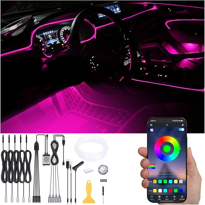 Car Interior Strip Lights, 5 in 1 Multicolor RGB Car Footwell Ambient Lighting Kit, 6m Fiber Optic EL Neon Tube Light, DIY Mode Music Sync APP Control DC 12V