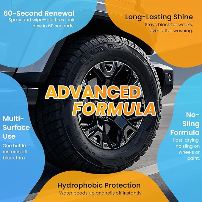 Deep Black Tire Shine Spray – Non-Greasy, No-Sling Tire Dressing Long-Lasting Hydrophobic & UV Protection Formula for Car, Truck, SUV & Motorcycle – 100ml/3.4oz