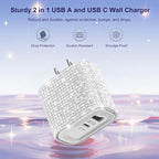 Aolcev for iPhone Charger Fast Charging Bling 2 in 1 USB A USB C Charger Block 25W Type C Fast Charging Blocks for iPhone 17 16 15 14 13 iPad Bling USB C Adapter for Galaxy S26 S25 Rhinestones Sliver