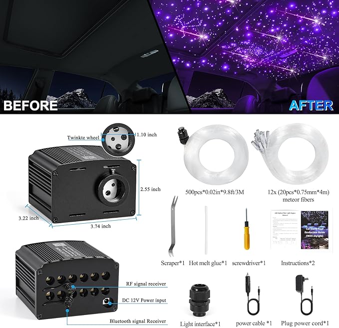 Car Starlight Headliner Kit, 16W Twinkle & Meteor Star Ceiling Lights, 2 in 1 Fiber Optic Light Engine 500pcs*0.02in*9.8ft+240 RGBW Shooting Stars Lights for Car Home Roof Décor