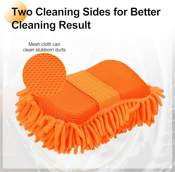 HARFINGTON Car Wash Sponge 9.1" x 4.7" Chenille Microfiber Mitt Scratch-Free Absorbent Scour Scrubber Cleaning Sponge for Washing Detailing on Cars, Trucks, SUV, Boats, RVs, Orange