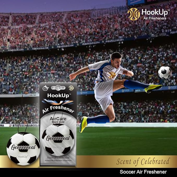 Soccer Car Air Freshener by HookUp - 50 Pack - Black Gold Scent (Extra Strong) | Unique Soccer Gift for Players, Coach, Fans | Hanging Car Accessory with Long Lasting Fresheners Smell