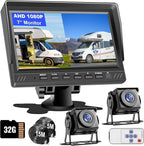 Dual Backup Camera 7" Split Monitor with 32G SD Card Kit, AHD 2 Channels Split Screen with 32G Recording, Reversing Camera IP69 Waterproof Front & Rear View Camera for Truck Trailer Semi-Trailer Box