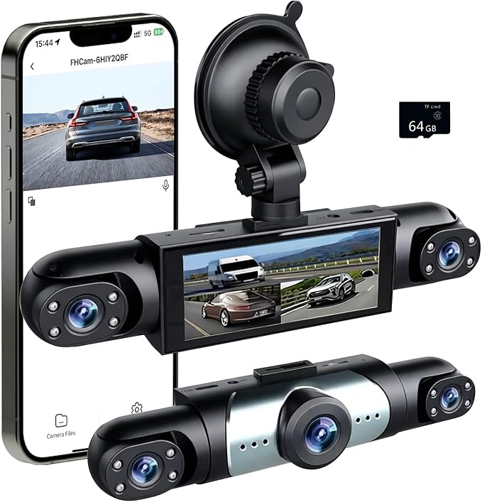 3 Channel Dash Cam Front Inside and Left Right, 1080P HD Dash Camera for Cars, 3.16 inches WiFi Car Camera,170°Wide Angle Vehicle Cam, Night Vision, Loop Recording, G-Sensor, 64GB Card