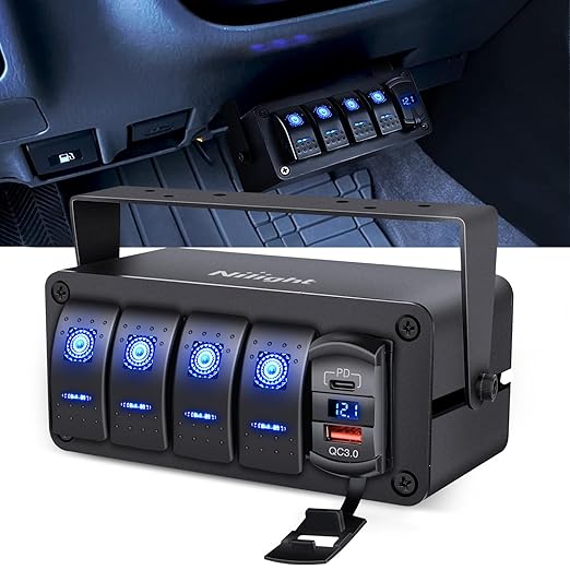 Nilight 4 Gang Rocker Switch Box 12V SPST ON Off PD Type C and QC 3.0 USB Charger Voltmeter Waterproof Aluminum Panel DIY Stickers for Boats Cars RVs Trucks