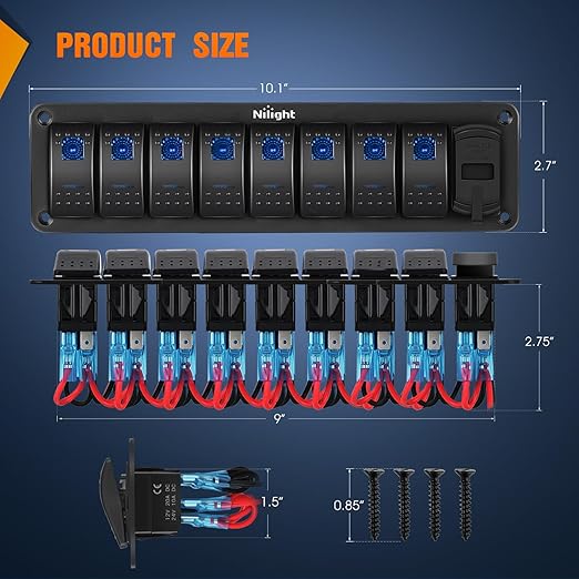 Nilight 8 Gang Rocker Switch Panel with PD Type C and USB Charger Voltmeter 12V SPST ON Off Toggle Switches w/Blue Backlit Waterproof Aluminum for Boats Cars RVs Trucks