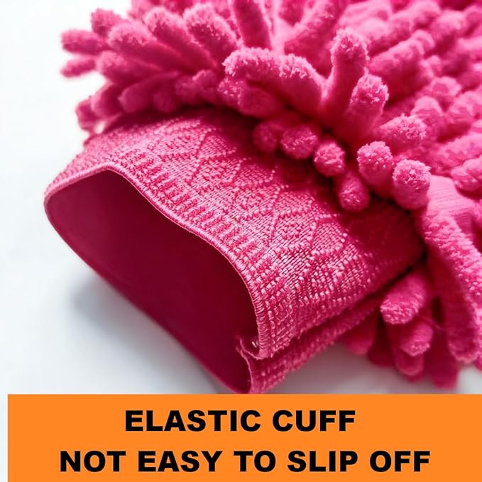 Conwork Car Wash Mitt Chenille Microfiber Golves, Ultra Soft & Scratch-Free, for Auto Detailing, Household Dusting & Multi-Surface Cleaning, 7" x 9.6"(2-Pack, Pink)