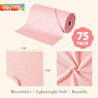 Napjoy Microfiber Cleaning Cloth Roll, 75PK Easy Tear Away Reusable Paper Towels, 12" x 12", Lint-Free and Scratch-Free with Patented Fiber Technology Microfiber Towel Roll, Pink