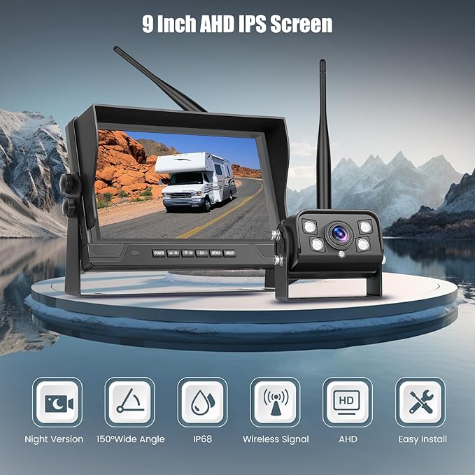 9 Inch Monitor Wireless Backup Camera System with Loop Recording, 12-24V for Truck, Trailer, RV, Bus Reversing Camera IP68 Waterproof Night Vision, Waterproof Back Up Camera Kit
