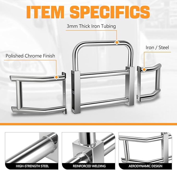 Auto Dynasty Front Bumper Brush Bull Bar Deer Guard Compatible with 2008-2017 Freightliner Cascadia, 3mm Thick Iron Tubing, Polished Chrome
