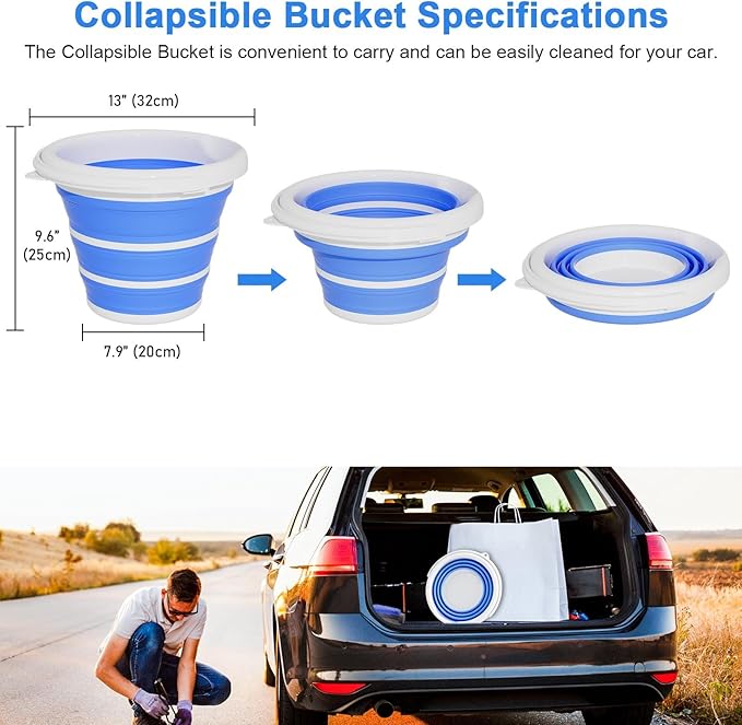Collapsible Car Wash Bucket with Microfiber Mitt, 10L (2.6 Gallon) Portable Water Bucket with Handle for Car Wash Household Cleaning, Multiuse Collapsible Water Bucket and Car wash mitt - Blue