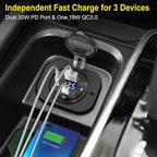 USB C Car Charger Socket 12V USB Outlet 2 Pack: Aluminum Metal 78W Dual PD 30W and 18W QC3.0 Port Multi Charger Outlet with LED Voltmeter Power Switch for RV Motorcycle Boat Marine