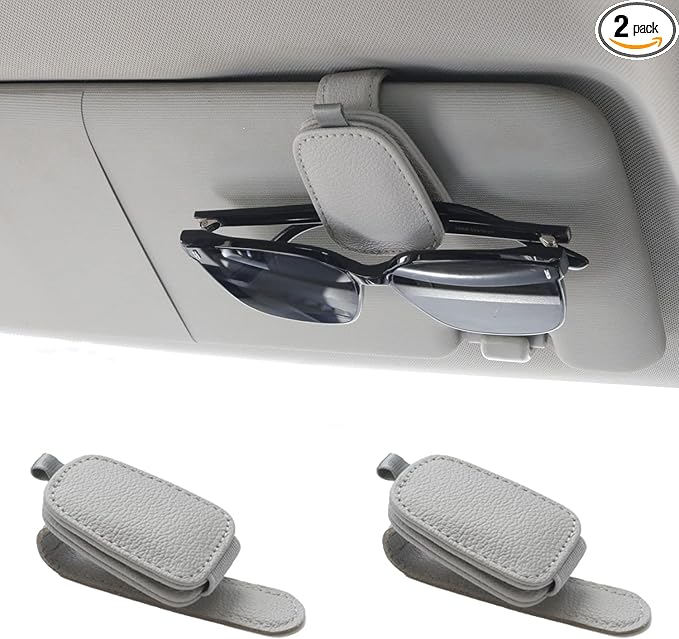 Yuoyar Sunglass Holder for Car, Magnetic Leather Sunglasses Holder and Ticket Card Clip, Car Visor Accessories, 2 Packs (Silver Grey)