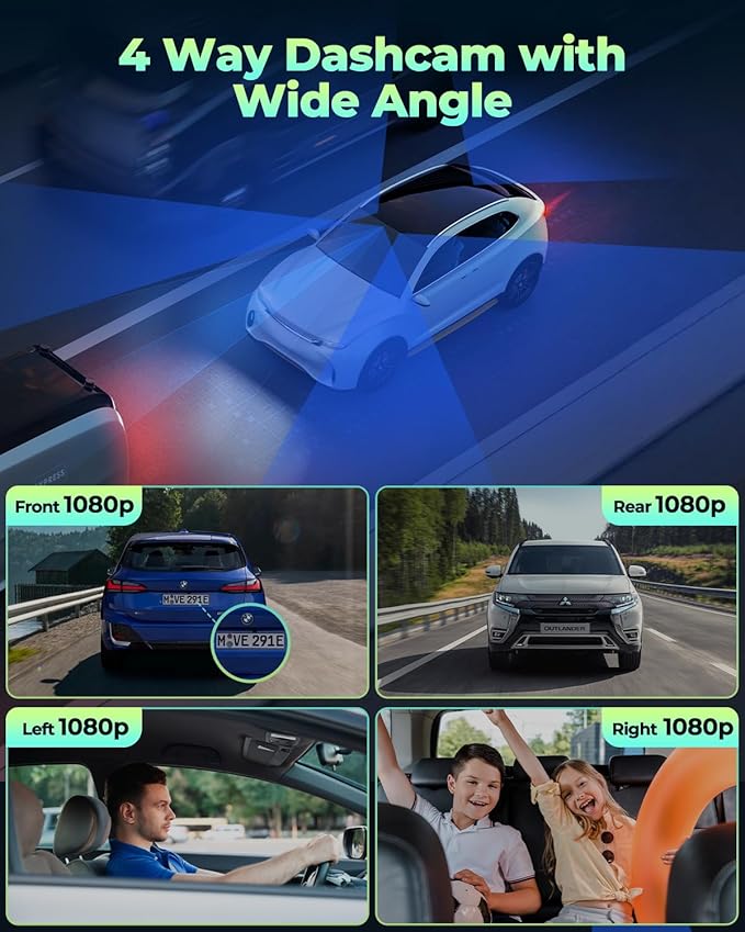 LAMTTO 4 Channel Dash Cam 360 View, 1080P Front and Rear Inside Left Right, Dash Camera for Cars with Hardwire Kit for 24h Security Parking Monitor, IR Night Vision Dashcam,128GB Card Included