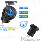 Qidoe 12 Volt USB Outlet 12V Outlet USB Car Port Aluminum 30W PPS PD 3.0 Motorcycle Car Charger Waterproof Dual QC3.0 Socket with Switch 12V/ 24V Vehicle Marine Boat RV Accessories