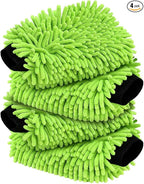Car Wash Mitt Microfiber, Premium Chenille Microfiber Wash Car Mitts Sponge Scratch Free & Lint-Free, Mitts Waterproof Lining 4 Pack Green (8''X12'')