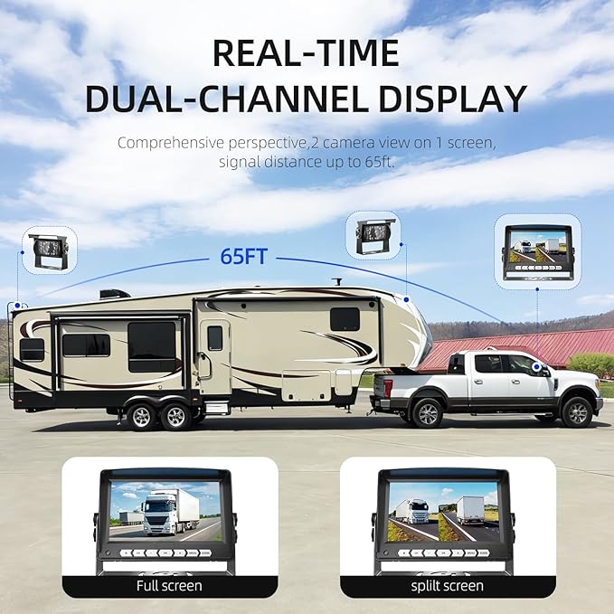 7'' Wired Backup Camera System with DVR Recording, 1080P HD Monitor & IP69 Waterproof RV Rear View Camera, Loop Recording, Split Screen, 12V-24V