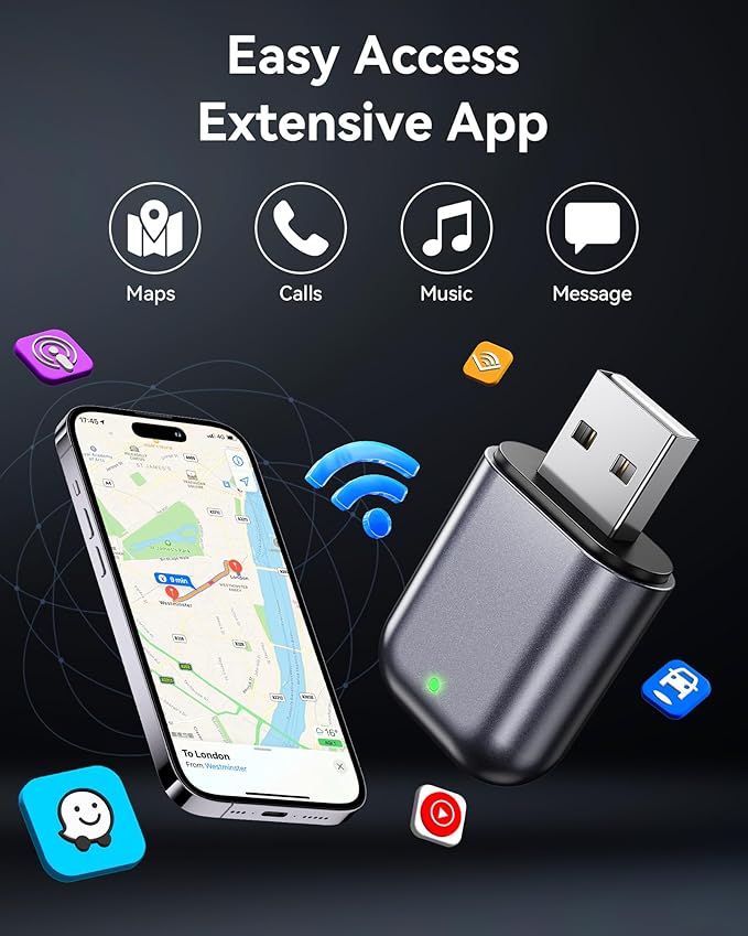 Burnt Sugar Wireless Carplay Adapter for iPhone 2026 Upgraded, Ultra-Mini USB Design for Apple Car Play Convert Wired to Wireless, Stable Low-Lag GPS Plug & Play for iOS 10+ & Cars from 2016+ (Gray)