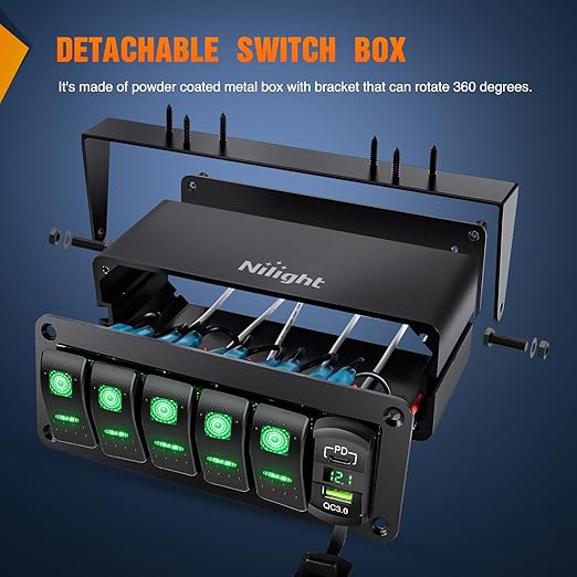 Nilight 5 Gang Rocker Switch Box 12V SPST ON Off Toggle Switches PD Type C and QC 3.0 USB Charger Voltmeter LED Light Waterproof Aluminum Mount Bracket Panel DIY Stickers for Boat Car RV Truck