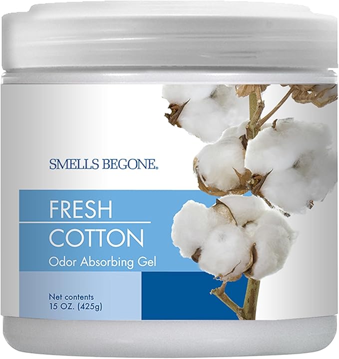 SMELLS BEGONE 15oz Gel Odor Eliminator - Absorb & Remove Tough Odors in Pet Areas, Bathrooms, Basements, Garage, Cars, RVs & Boats - Eliminate Odors Quickly (1-Pack, Fresh Cotton)