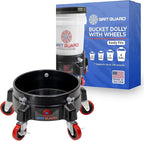 Grit Guard Bucket Dolly with Wheels - Rolling Detailing Wash Bucket with 5 Wheels and 2 Locking Casters Compatible with 2.5, 4, 5 and 6 Gallon Buckets (Black, 3" Red Casters)