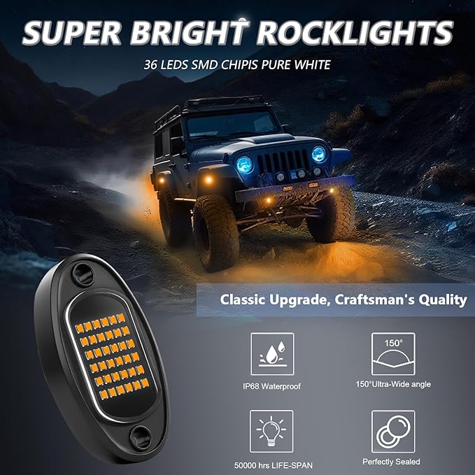 GSRECY Rock Lights Ultra Bright LED Neon Underglow Lights Waterproof for Trucks Pickup SUV UTV ATV RZR Car Boats Motorcycle (Yellow, 20 Pods+ 33ft Wire Harness)