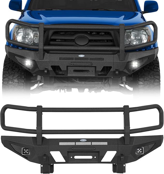 Hooke Road Tacoma Front Bumper Grille Brush Guard for 2005-2011 Toyota Tacoma 2nd Gen Pickup, Steel Push Bull Bar with Winch Plate & LED Lights, Full-Width Off Road Protection