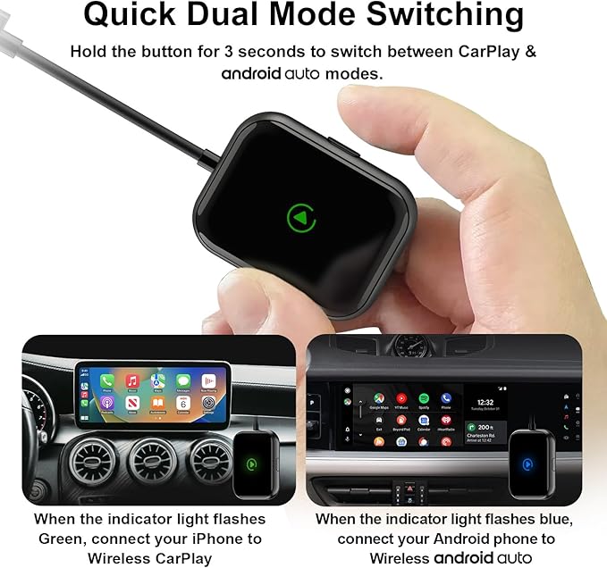 Wireless CarPlay & Android Auto Adapter – 2-in-1 Plug & Play Solution, Converts Wired Systems to Wireless, Compatible with iPhone & Android