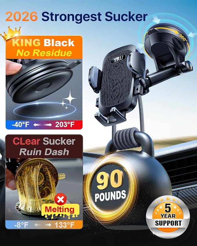 YRU True Military-Grade [360° Rotation Suction] 2026 Ultimate Car Phone Holder Mount 【90+LBS Safest Strongest & Patent Certs】 Dashboard Windshield Vent for iPhone 17 16 Pro Max Samsung, Jet Black